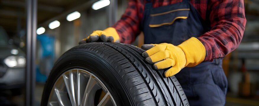 The car wheel is securely tightened by a skilled mechanic during routine tire maintenance in the busy garage