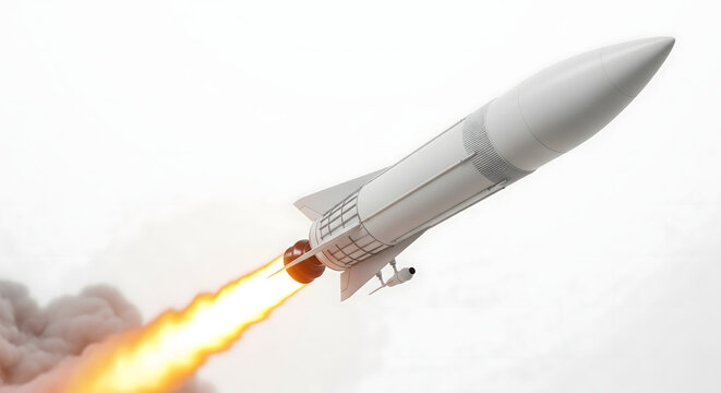 White rocket launching with fiery exhaust and smoke trail against light background, modern aerospace technology concept symbolizing innovation, space exploration, startup growth, and high-tech 
