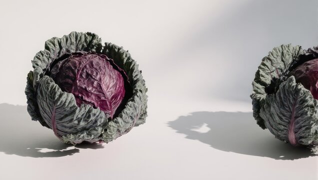 Two Heads of Red Cabbage on a White Surface.