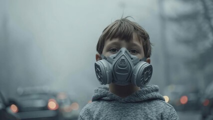 Boy wearing protective mask in polluted city street showing environmental health air pollution risks affecting children and overall air quality