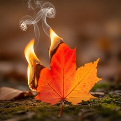 A vibrant orange maple leaf is on fire, with flames and smoke rising from its edges, set against a blurred natural background during autumn
