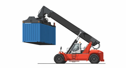 A red reach stacker vehicle lifting a blue shipping container, isolated on a white background.