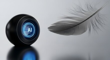 Close-up of a modern AI-themed device with a glowing blue interface and a delicate feather on a reflective surface, emphasizing technology and innovation