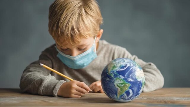 Child wearing face mask studies globe and writes with pencil in focused indoor setting highlighting environmental health and air risks awareness