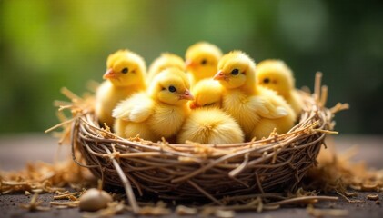 Cozy Nest with Tiny Yellow Chicks A close up, eye level shot of a small, natural nest filled with several fluffy, bright yellow baby chicks. The nest is made of soft straw and hay. Soft, warm, natural