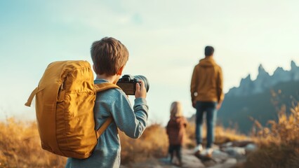 Child photographer with yellow backpack capturing family hiking on scenic mountain trail under warm daylight, exploring adventure and togetherness concept.