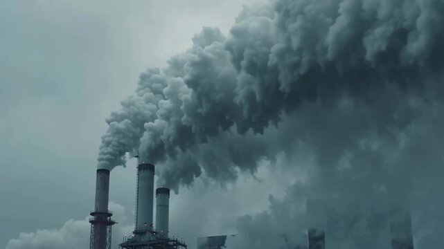 Environmental health risks increase as thick smoke from industrial factory chimneys causes air pollution impacting air quality and creating hazardous