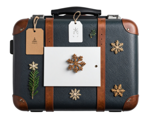 Flat Lay of Winter Suitcase with Snowflake Tag Minimal Festive on Transparent Backgro