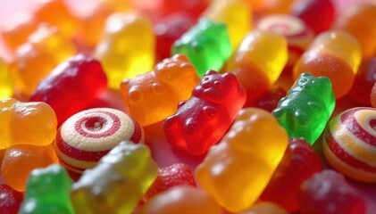 Vibrant Candy Assortment A Rainbow of Sweet Delights A vibrant, overhead shot of a chaotic yet visually pleasing assortment of colorful candies, including brightly colored gummy bears, swirled