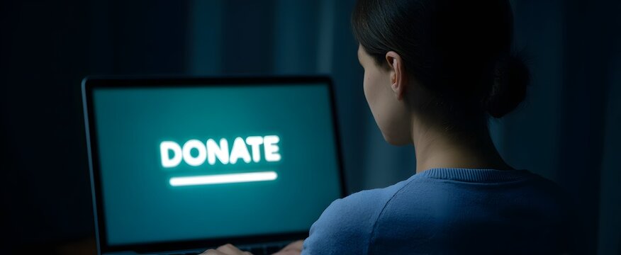 Person from behind staring at laptop screen with a donate button filled with hope.