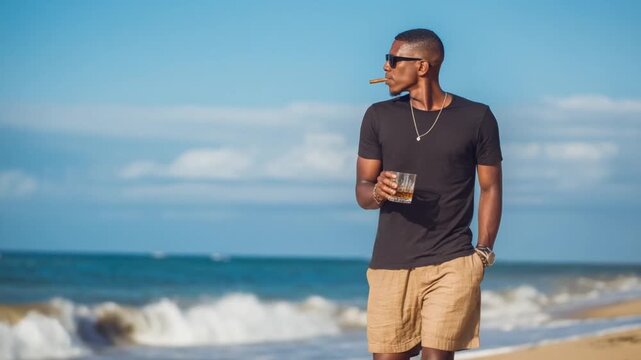 Beachside Contemplation: An individual stands confidently on a sun-kissed beach, cigarette and whiskey glass in hand, gazing thoughtfully towards the horizon.
