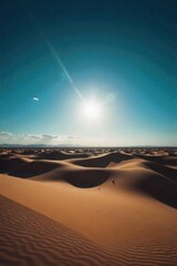 Rugged Desert Landscapes Shifting Sands The Allure of Arid Horizons and Timeless Expeditions. Expansive, rolling desert sand dunes under a vast, clear, bright blue sky. Strong, contrasting shadows are