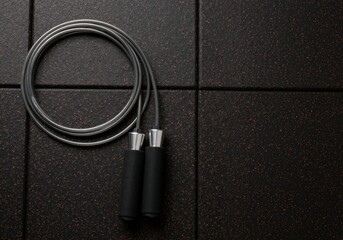 Jump rope on gym floor — top‑down view, dark background, cardio workout equipment