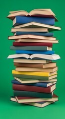 A tall stack of colorful hardcover and paperback books arranged vertically against a vibrant green background