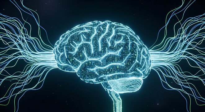 Explore artificial intelligence with this stunning glowing brain connected to neural networks, perfect for science, technology, and futuristic concepts
