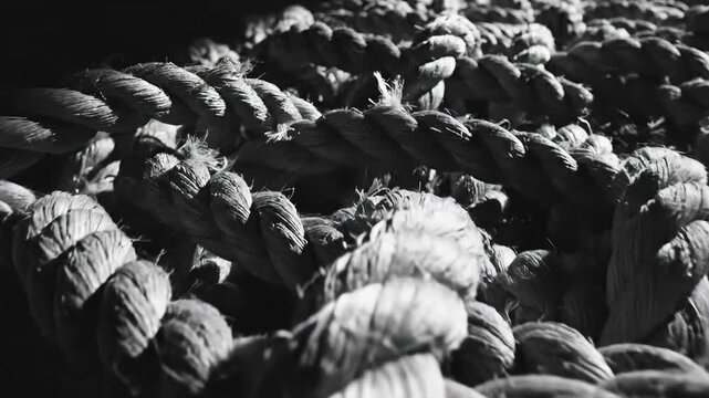 Close-up of a thick, textured rope in black and white, creating an abstract pattern