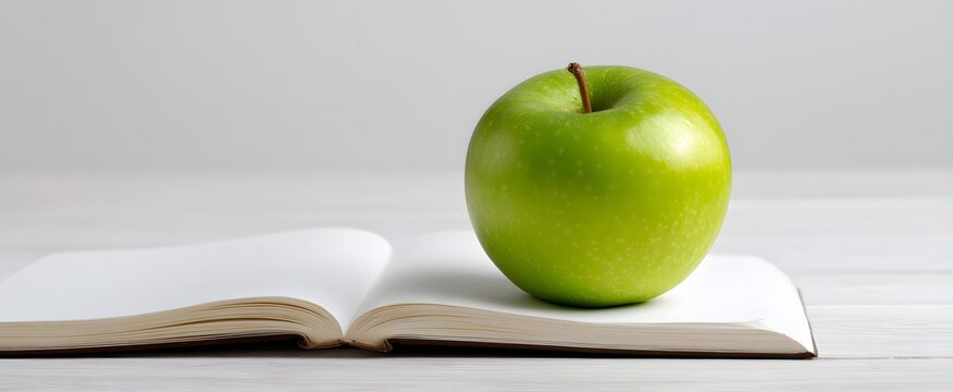 A crisp green apple sits like a juicy idea next to an open notebook.