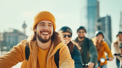 Group of diverse friends cycling together in a modern city, wearing helmets and casual outfits, demonstrating unity, urban mobility, active lifestyle, and multicultural friendship.