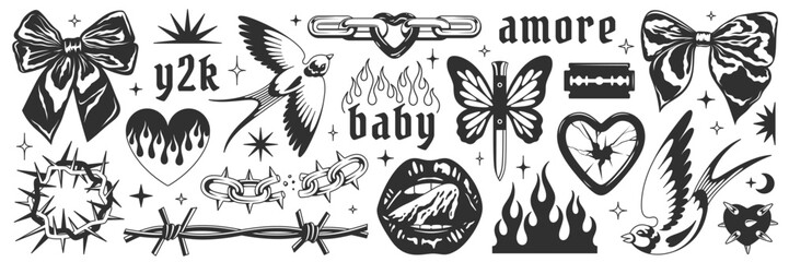 Y2k vintage tattoo-inspired illustration, a mix of elements including bows, swallows, hearts, flames, butterflies, and a razor blade, rendered in grayscale. © AWAIS