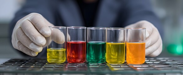 Hands wearing gloves swirling colorful chemicals like a painter’s palette in a laboratory.
