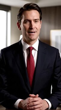 A man in a suit and tie speaks directly to the viewer, facing the camera