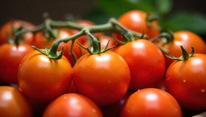 A weathered wooden garden stake supporting a climbing vine laden with ripe, dew kissed tomatoes in a rustic setting. Macro shot of a weathered wooden garden stake supporting a healthy, vibrant tomato
