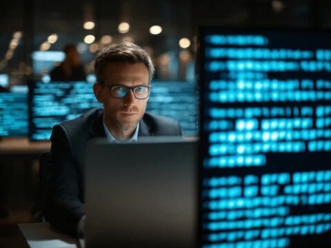 The Code Navigator: Focused individual with glasses intently analyzing complex coding sequences on a laptop screen, embodying tech proficiency and analytical depth.