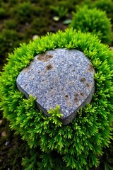 Dedicated focus on healing and restorative processes in nature. Macro view of a smooth, weathered grey stone nestled within vibrant green moss on the forest floor. Dappled sunlight filters through
