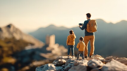 Father and two sons exploring a mountain viewpoint. Family with backpack holding a camera, hiking and looking at a scenic landscape during a golden hour sunset. Adventure and bonding concept.