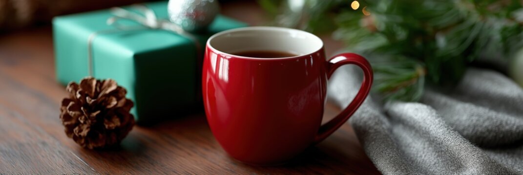 Cozy holiday scene with red mug and green gift on wooden table - Powered by Adobe