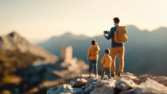 Father and two sons exploring a mountain viewpoint. Family with backpack holding a camera, hiking and looking at a scenic landscape during a golden hour sunset. Adventure and bonding concept.