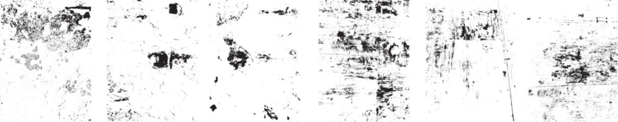 Set of six grunge textures with distressed surfaces for branding, packaging, print templates, and digital design backgrounds. Simply place textures over any object to create grungy effect. Vector
