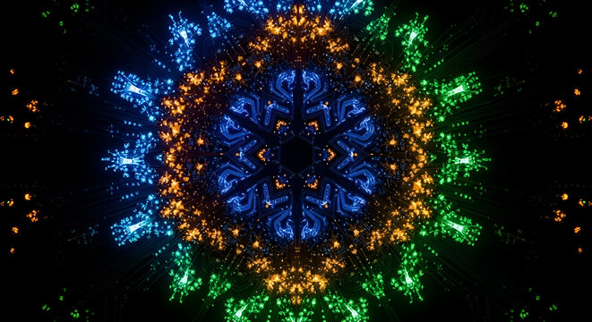 Futuristic mandala design in vibrant blue, orange and green, great for tech backgrounds and mesmerizing digital art, radiating energy and modern style
