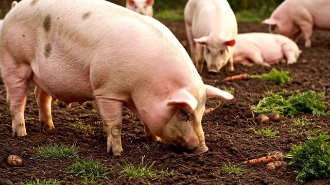 Pigs forage in dirt, searching for food, while others rest in the background. Carrots and greens are scattered