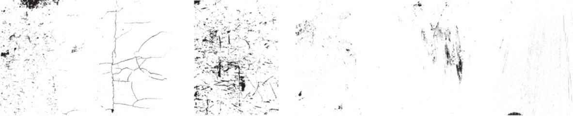 Set of six grunge textures with distressed surfaces for branding, packaging, print templates, and digital design backgrounds. Simply place textures over any object to create grungy effect. Vector
