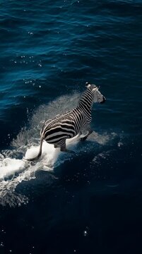 Una cebra corre sobre la superficie del mar levantando espuma, en una escena surrealista rodeada de agua profunda.
