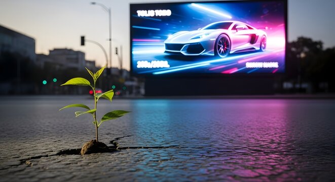 A small green plant growing in the middle of an urban street with a large digital billboard displaying a futuristic car in the background during dusk