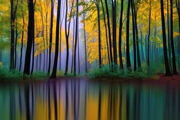 Autumn Forest Reflection in Water with Foggy Background
