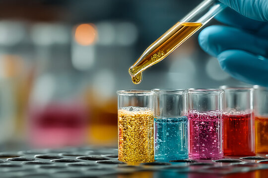 A gloved hand using a pipette to add liquid to test tubes filled with different colored solutions - Powered by Adobe