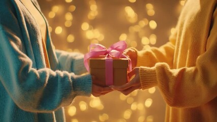 Gift of Connection: Two individuals exchange a beautifully wrapped gift, their hands gently meeting in a moment of shared joy, symbolizing generosity, appreciation, and the spirit of giving.