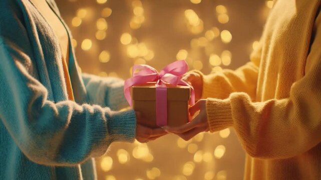 Gift of Connection: Two individuals exchange a beautifully wrapped gift, their hands gently meeting in a moment of shared joy, symbolizing generosity, appreciation, and the spirit of giving.