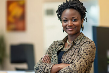 Confident black woman in leopard print blouse smiles in modern office. Professional image with personal style for business content and corporate communications. Copy space