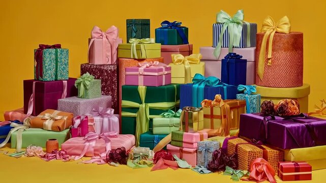 Playful mountain of neatly wrapped gifts on a bold yellow background—vibrant composition for sale banners, birthday invites and holiday promotions, evoking excitement, generosity and festive cheer