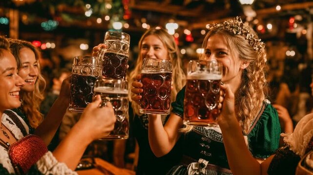 Friends in traditional outfits raising steins at a festive beer hall&mdash;Oktoberfest energy, cultural heritage and joyful togetherness for travel, events and food‑and‑drink marketing