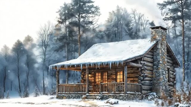 Cozy snow-covered wooden cabin with stone chimney in winter forest for tranquil holiday retreat and nature escape