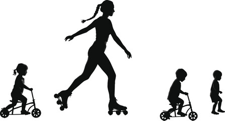 Silhouette, childhood, tricycle, roller skating, walking, motion, growth, development, evolution, dynamic, journey, age, transition, youth, activity, movement, playful, lifestyle