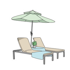 Beach umbrella with pair of sun loungers illustration vector hand drawn with black lines