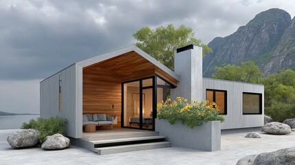 A small house with a porch and a flower pot on the front steps. The house is surrounded by rocks and trees