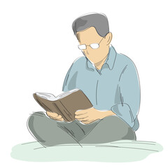 man with eyeglasses reading book on floor illustration vector hand drawn with black lines