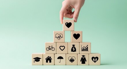 Building blocks of life insurance health benefits family safety education and financial success concept on transparent background
